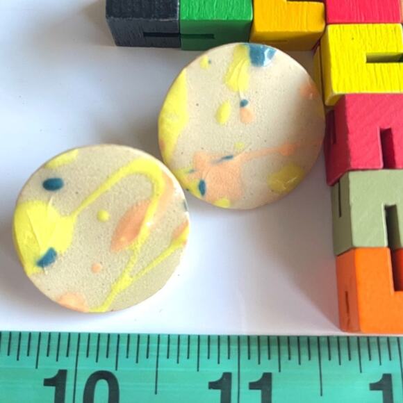Handmade Paint Splatter Round Geometric Ceramic Disk Earrings - Picture 2 of 4